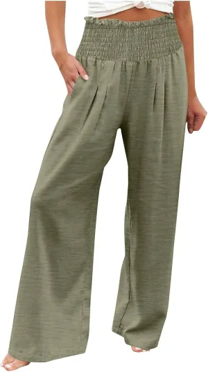 Womens Linen Palazzo Pants Summer Casual Boho Wide Leg Elastic High Waist Lounge Pants Beach Trousers with Pockets