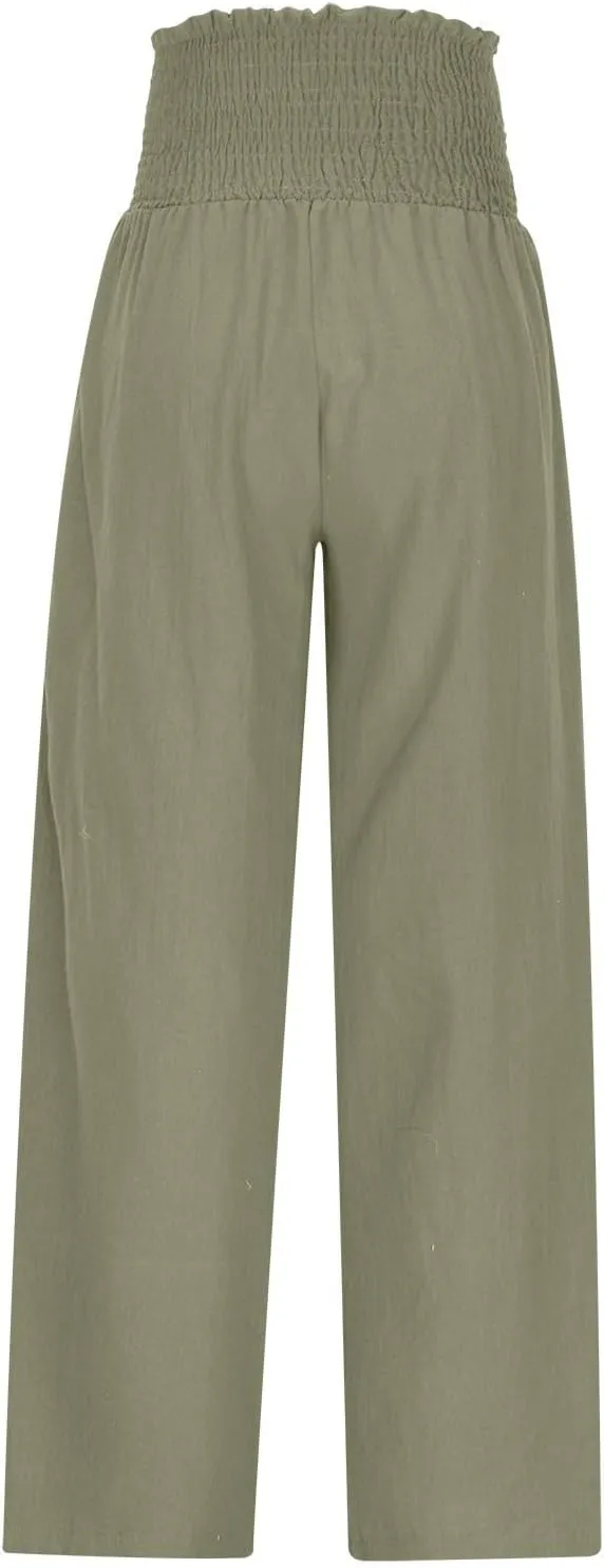 Womens Linen Palazzo Pants Summer Casual Boho Wide Leg Elastic High Waist Lounge Pants Beach Trousers with Pockets