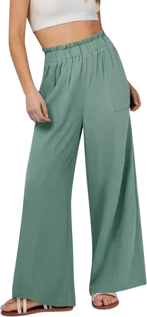Womens Linen Pants 2025 Summer Casual Loose Wide Leg Palazzo Pants Spring High Waist Flowy Beach Trendy Outfits