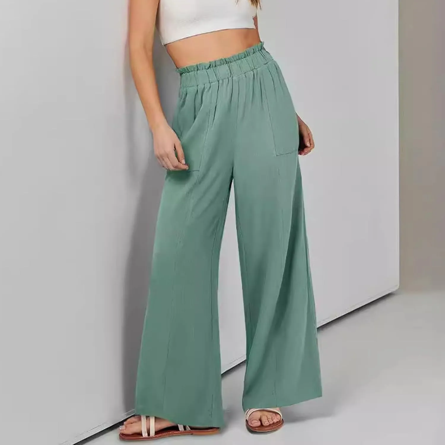Womens Linen Pants 2025 Summer Casual Loose Wide Leg Palazzo Pants Spring High Waist Flowy Beach Trendy Outfits