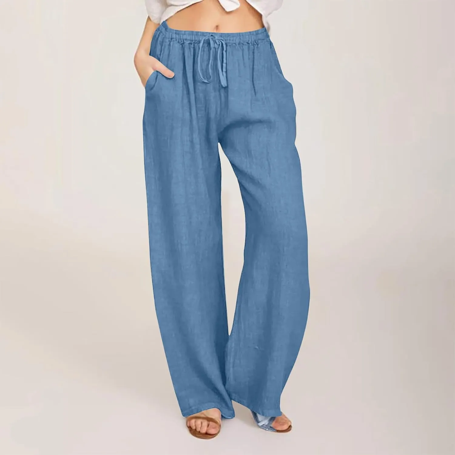 Womens Linen Pants Casual Elastic High Waisted Drawstring Palazzo Pant Trendy Wide Leg Beach Trousers with Pockets