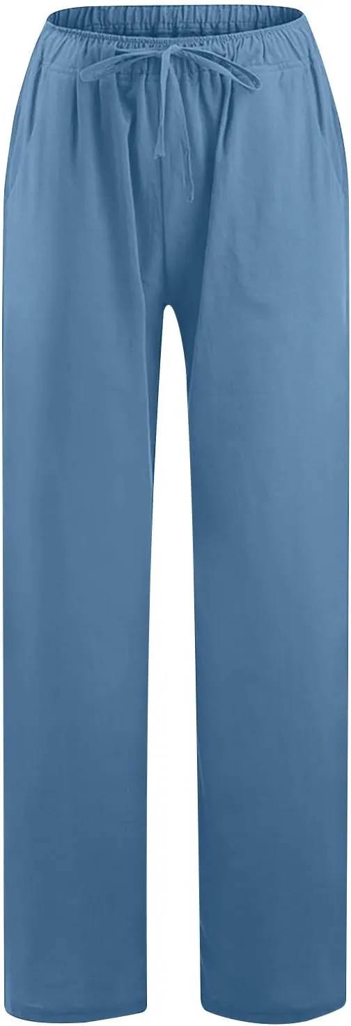Womens Linen Pants Casual Elastic High Waisted Drawstring Palazzo Pant Trendy Wide Leg Beach Trousers with Pockets