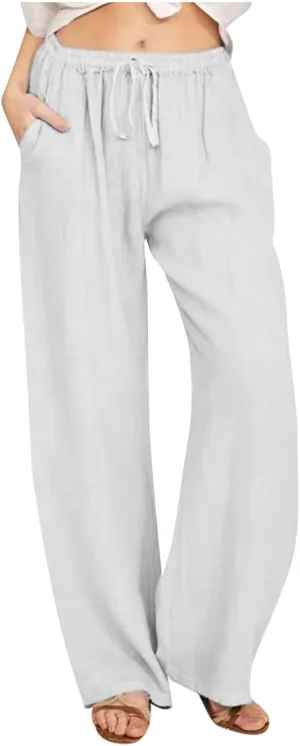 Womens Linen Pants Casual Elastic High Waisted Drawstring Palazzo Pant Trendy Wide Leg Beach Trousers with Pockets