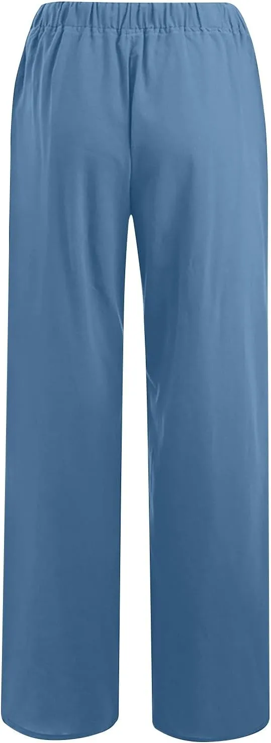Womens Linen Pants Casual Elastic High Waisted Drawstring Palazzo Pant Trendy Wide Leg Beach Trousers with Pockets