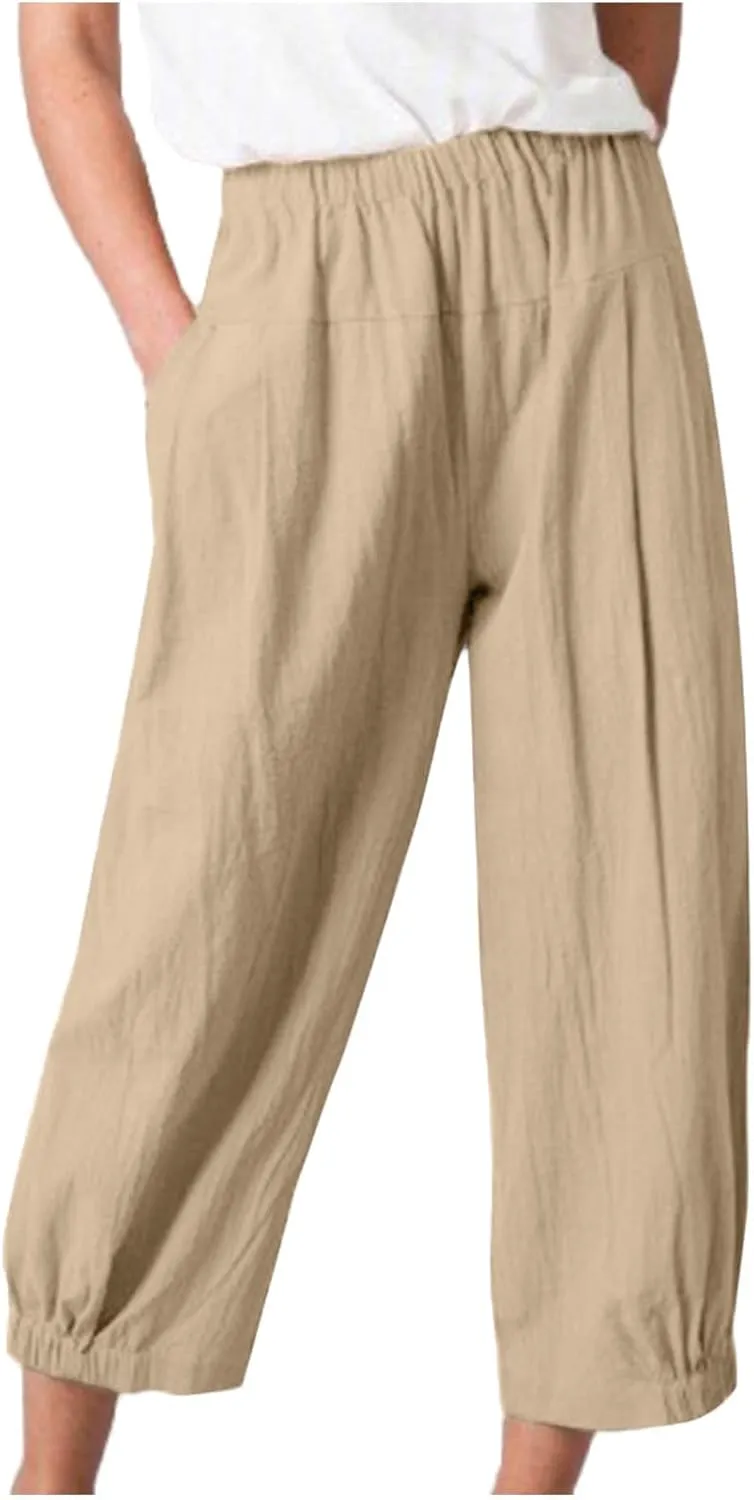 Womens Linen Pants Dressy Casual 2024 Summer Elastic Waist Lounge Trousers Beach Vacation Cropped Pant Outfits