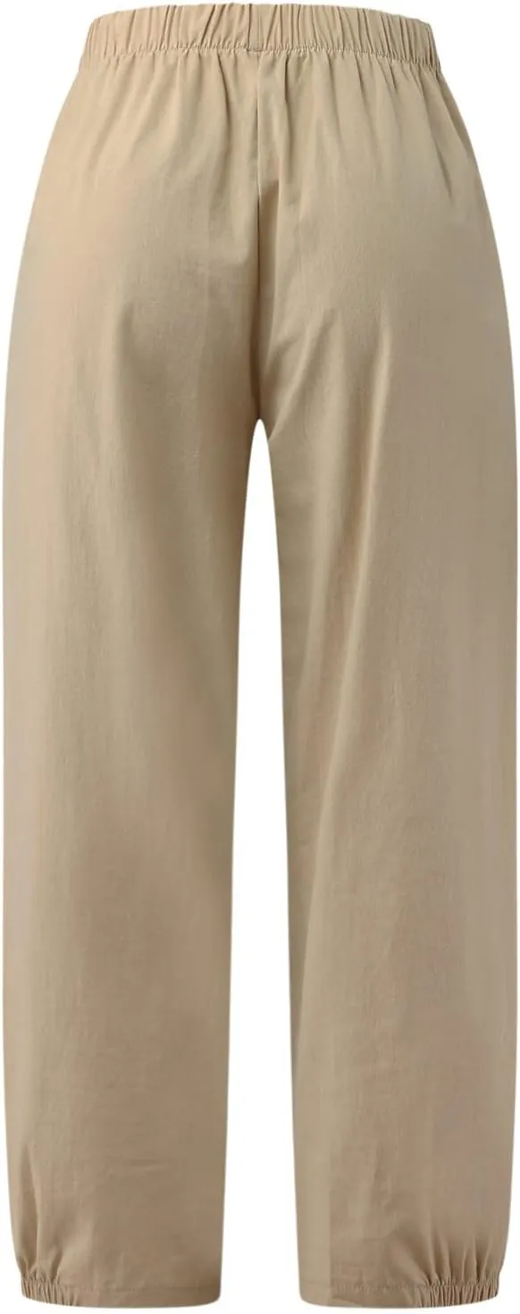 Womens Linen Pants Dressy Casual 2024 Summer Elastic Waist Lounge Trousers Beach Vacation Cropped Pant Outfits