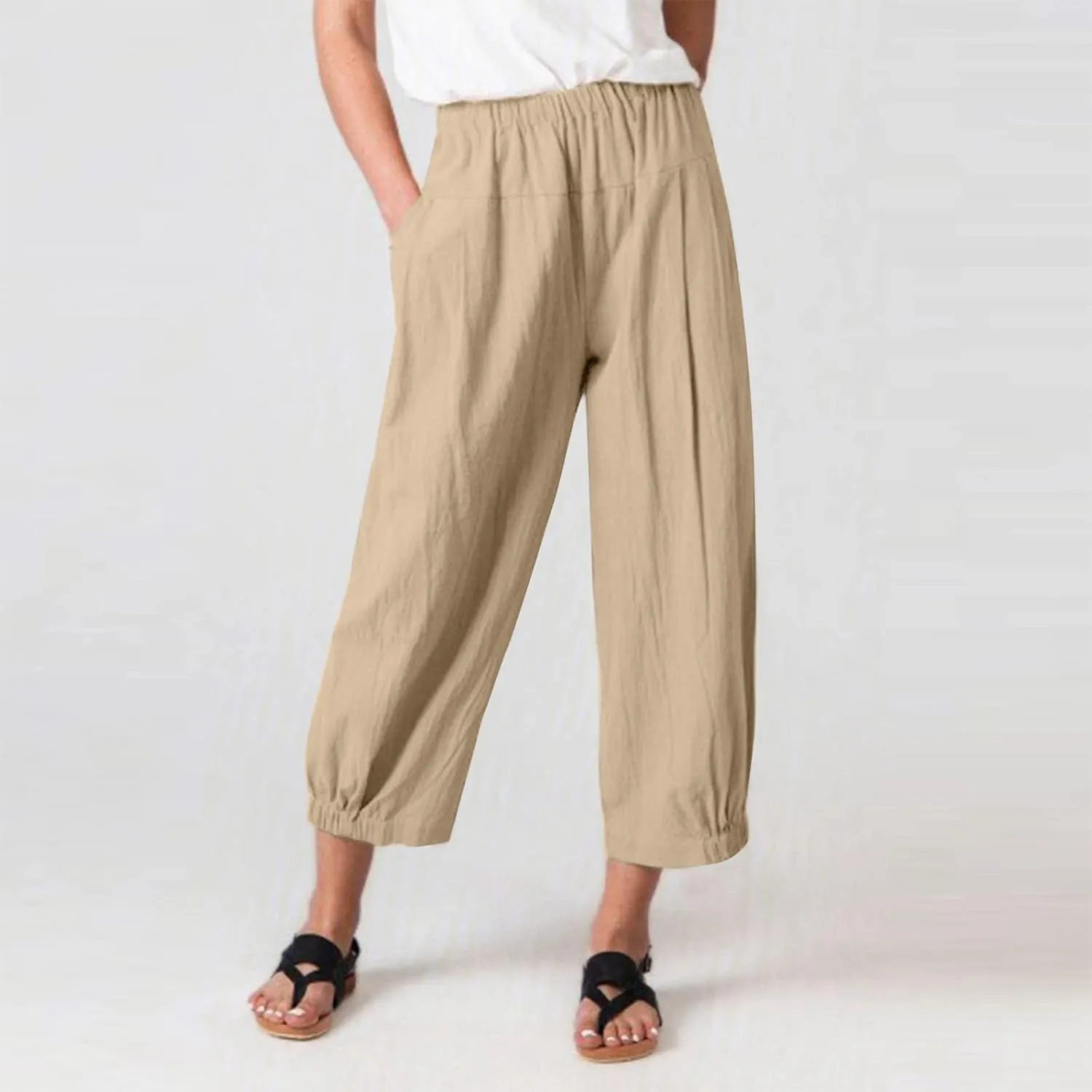 Womens Linen Pants Dressy Casual 2024 Summer Elastic Waist Lounge Trousers Beach Vacation Cropped Pant Outfits