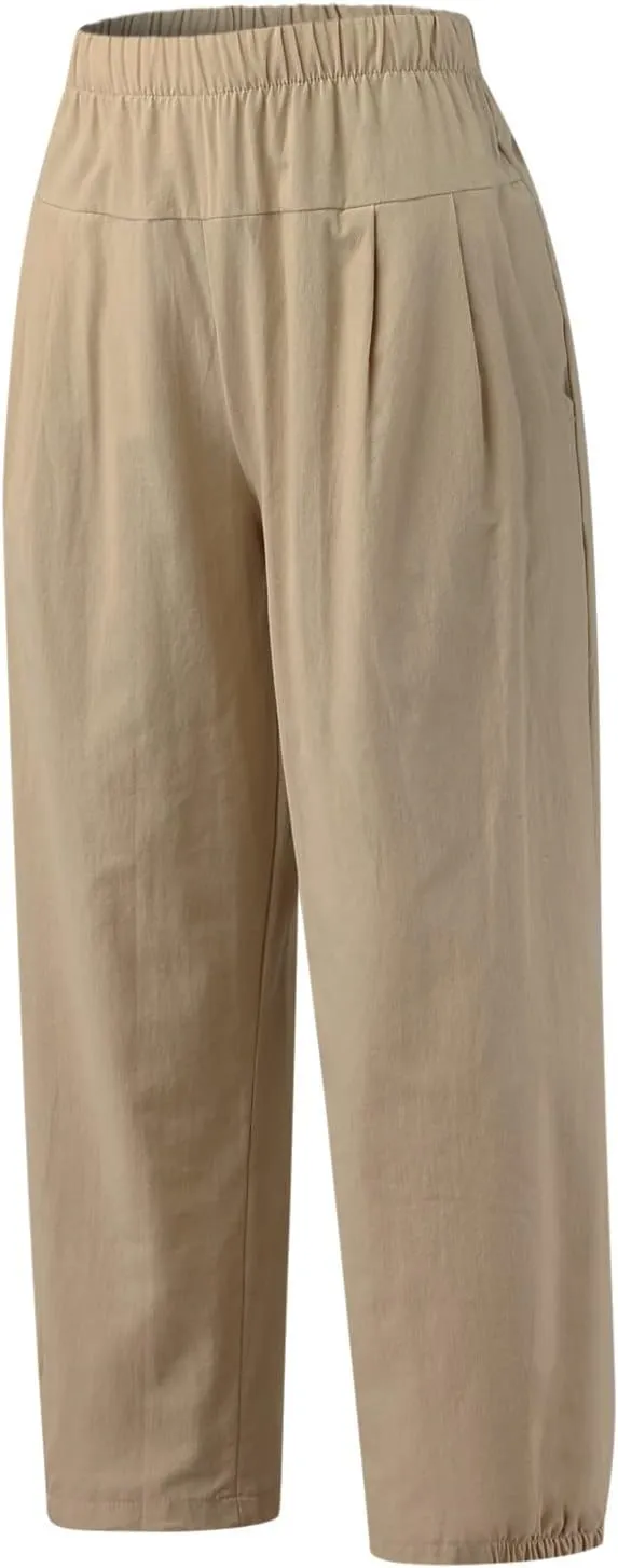Womens Linen Pants Dressy Casual 2024 Summer Elastic Waist Lounge Trousers Beach Vacation Cropped Pant Outfits