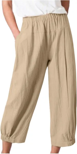 Womens Linen Pants Dressy Casual 2024 Summer Elastic Waist Lounge Trousers Beach Vacation Cropped Pant Outfits