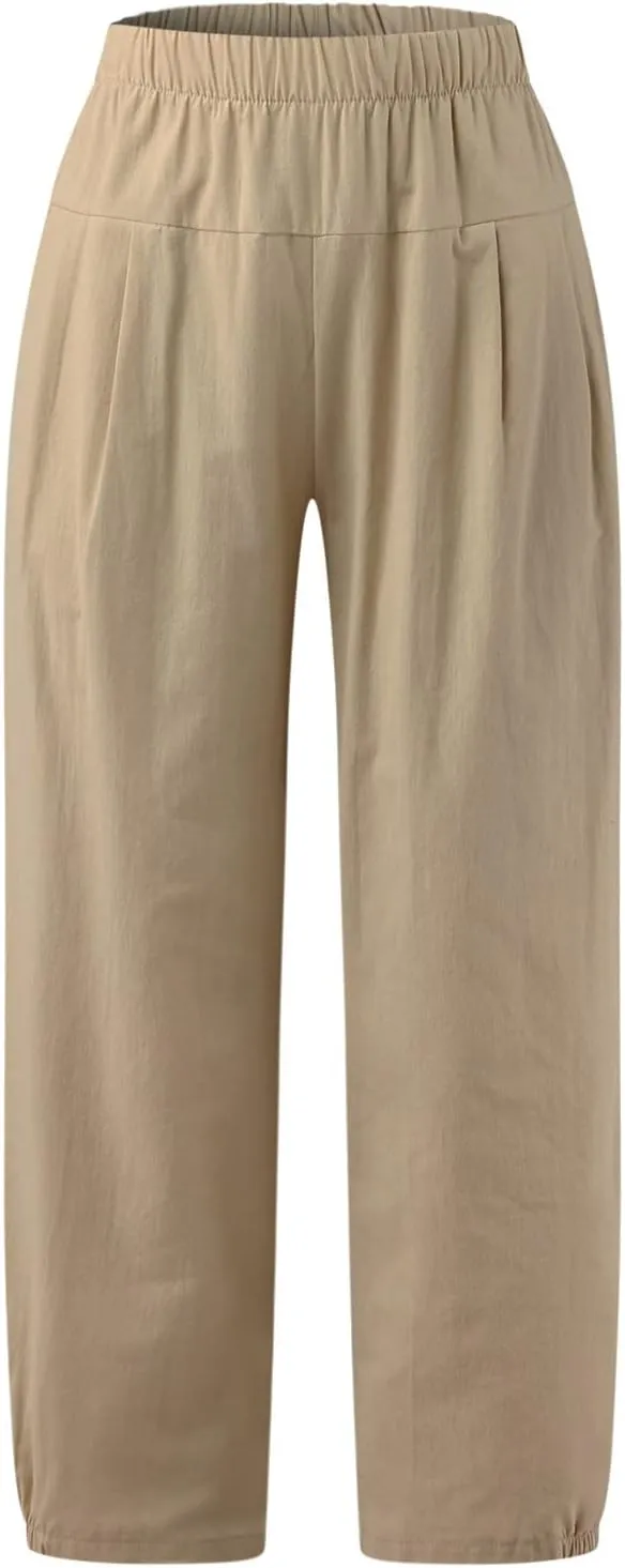 Womens Linen Pants Dressy Casual 2024 Summer Elastic Waist Lounge Trousers Beach Vacation Cropped Pant Outfits