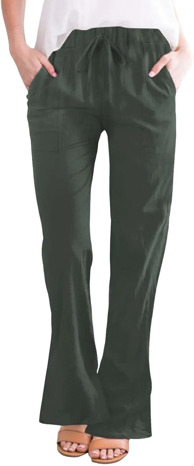 Womens Linen Pants for Summer and Linen Pocket Waist Slim Bell Bottom Trousers Linen Slacks for Women