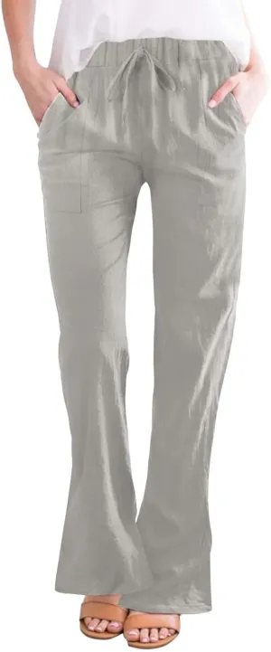 Womens Linen Pants for Summer and Linen Pocket Waist Slim Bell Bottom Trousers Linen Slacks for Women