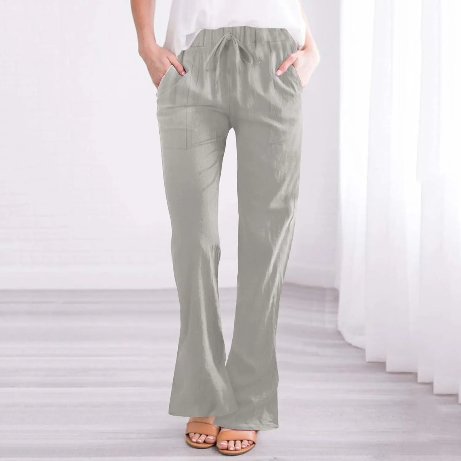 Womens Linen Pants for Summer and Linen Pocket Waist Slim Bell Bottom Trousers Linen Slacks for Women
