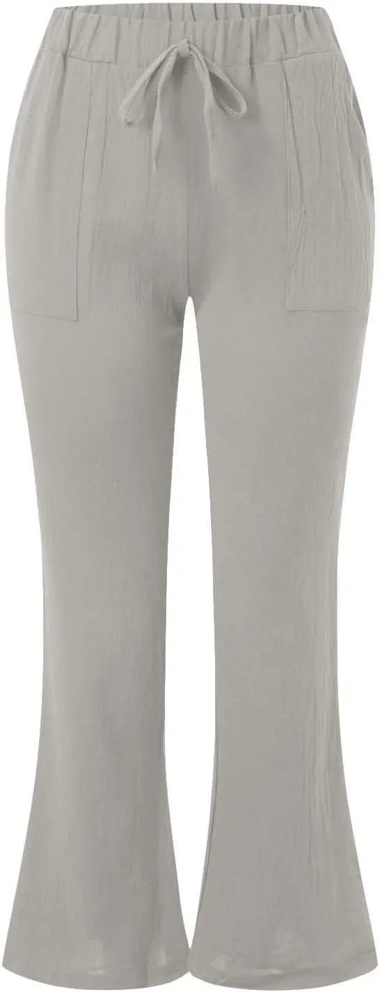 Womens Linen Pants for Summer and Linen Pocket Waist Slim Bell Bottom Trousers Linen Slacks for Women