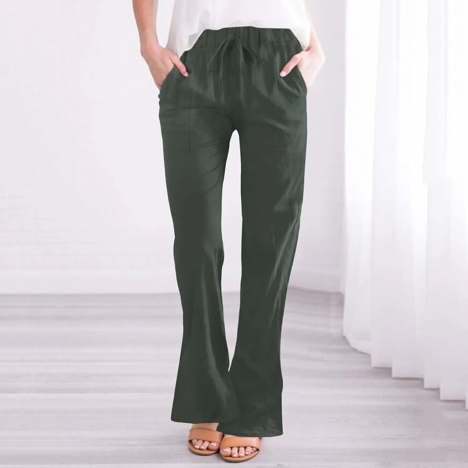 Womens Linen Pants for Summer and Linen Pocket Waist Slim Bell Bottom Trousers Linen Slacks for Women