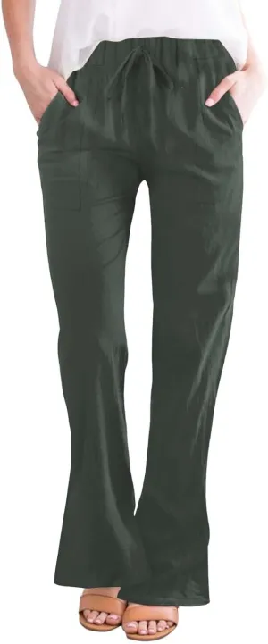 Womens Linen Pants for Summer and Linen Pocket Waist Slim Bell Bottom Trousers Linen Slacks for Women
