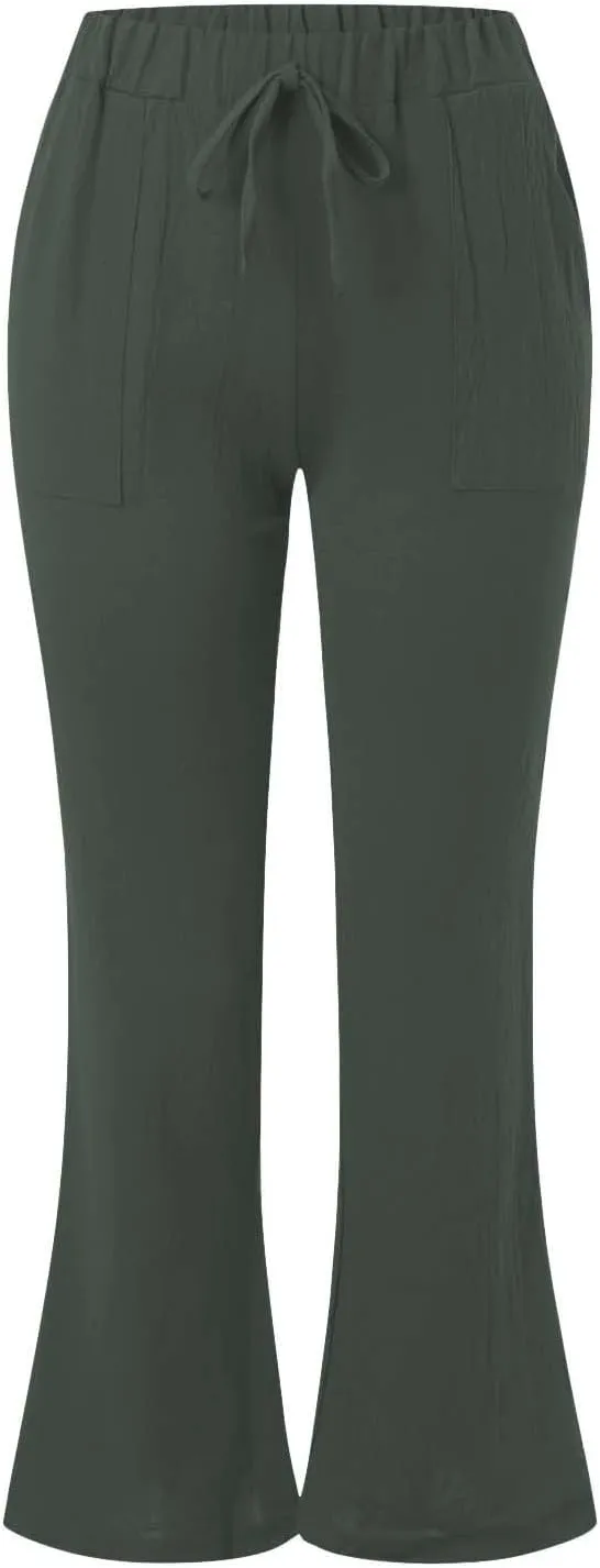 Womens Linen Pants for Summer and Linen Pocket Waist Slim Bell Bottom Trousers Linen Slacks for Women