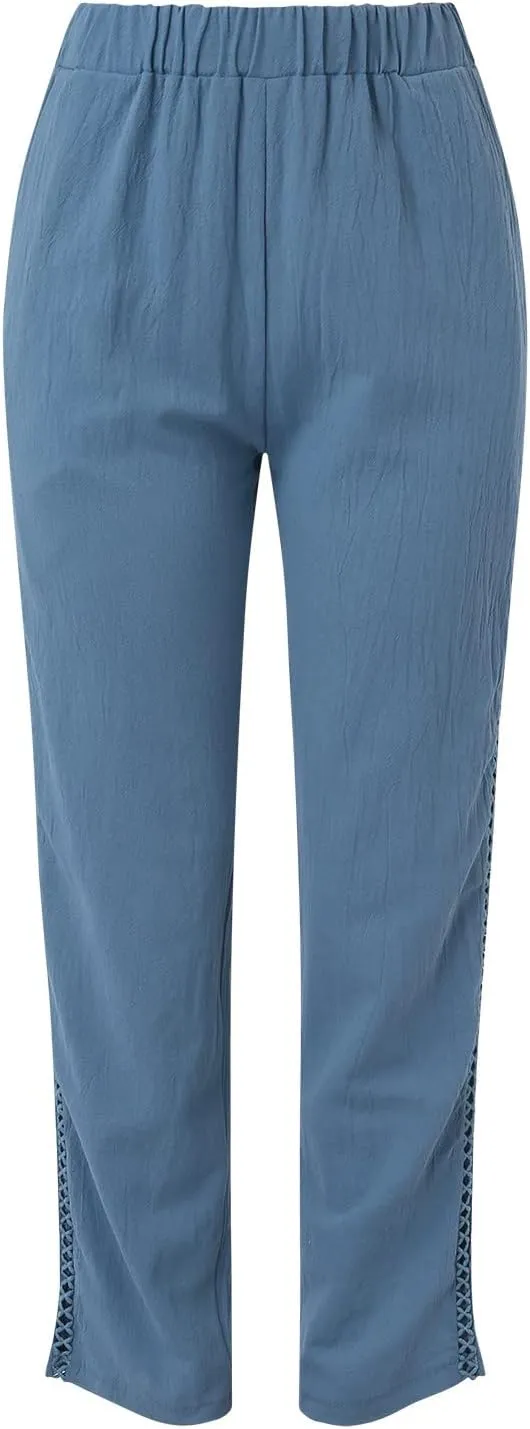 Womens Linen Pants for Summer Straight Leg High Waist Elastic Baggy Pant Side Hollowing Loose Beach Casual Trousers
