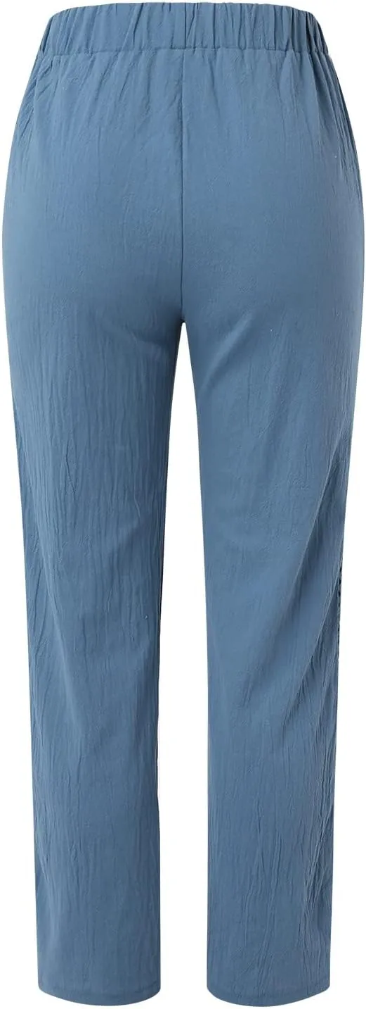 Womens Linen Pants for Summer Straight Leg High Waist Elastic Baggy Pant Side Hollowing Loose Beach Casual Trousers