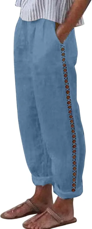Womens Linen Pants for Summer Straight Leg High Waist Elastic Baggy Pant Side Hollowing Loose Beach Casual Trousers