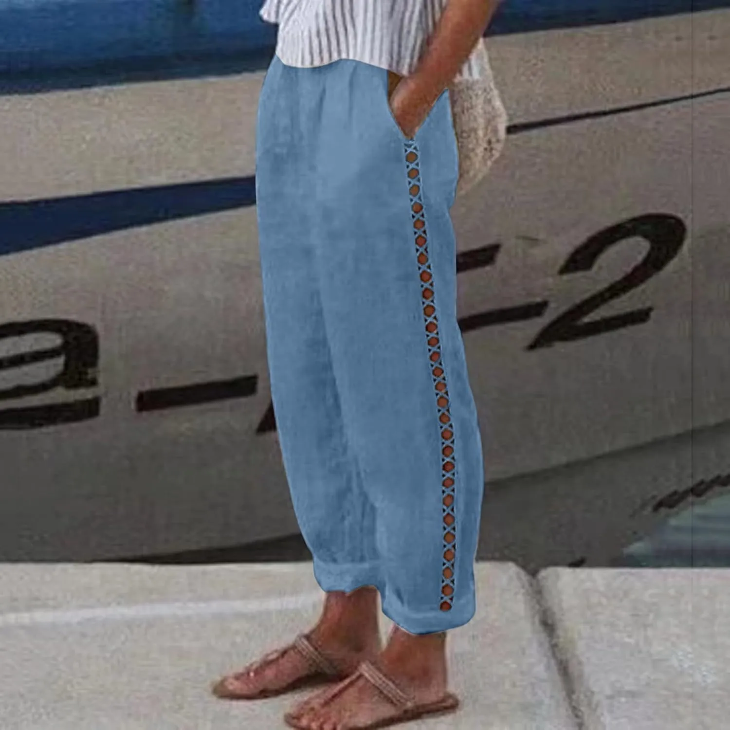 Womens Linen Pants for Summer Straight Leg High Waist Elastic Baggy Pant Side Hollowing Loose Beach Casual Trousers