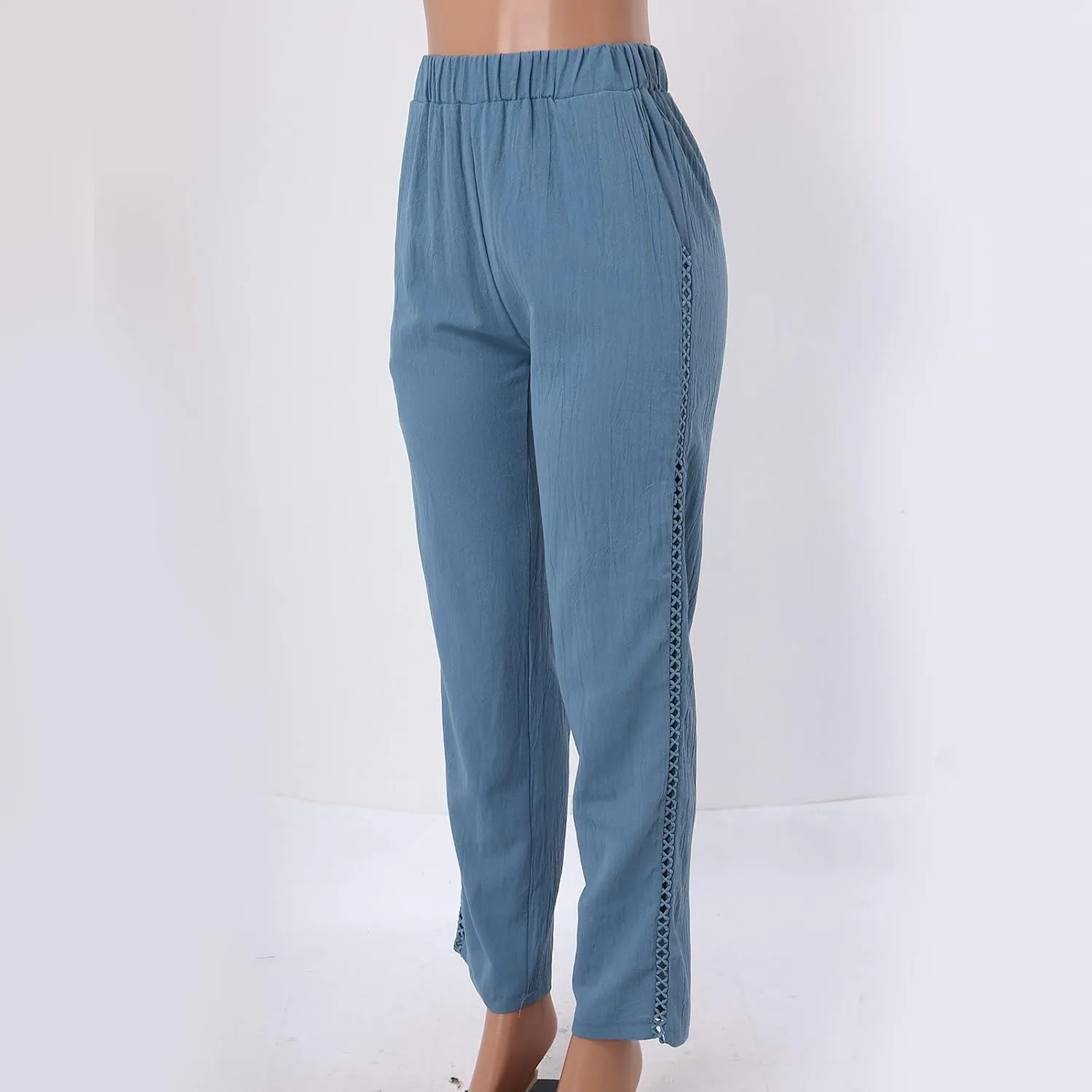 Womens Linen Pants for Summer Straight Leg High Waist Elastic Baggy Pant Side Hollowing Loose Beach Casual Trousers