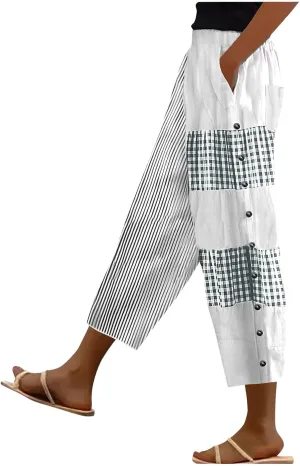 Womens Linen Pants Summer Casual Harem Pants Trendy Wide Leg Trousers Elastic Waist Loose Fit Palazzo with Pockets