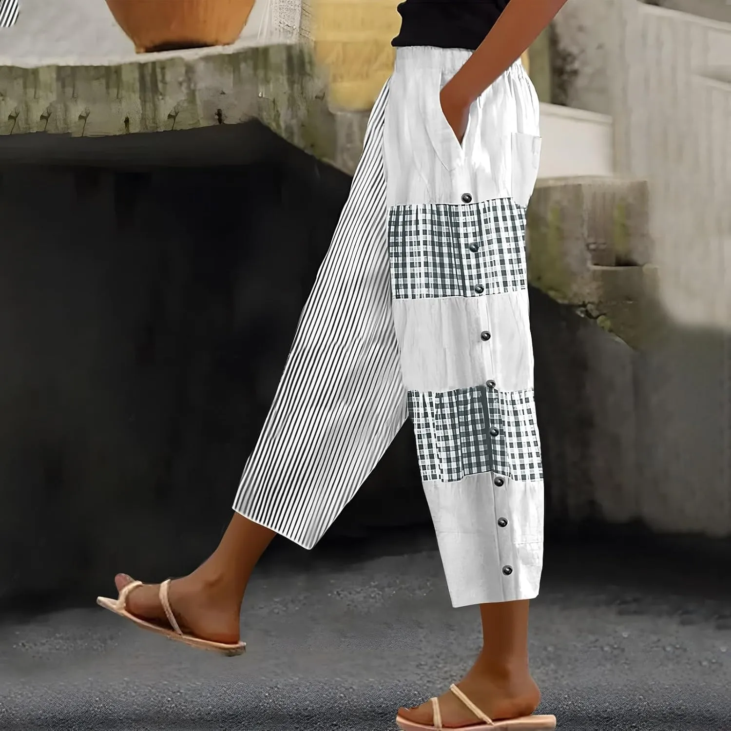 Womens Linen Pants Summer Casual Harem Pants Trendy Wide Leg Trousers Elastic Waist Loose Fit Palazzo with Pockets