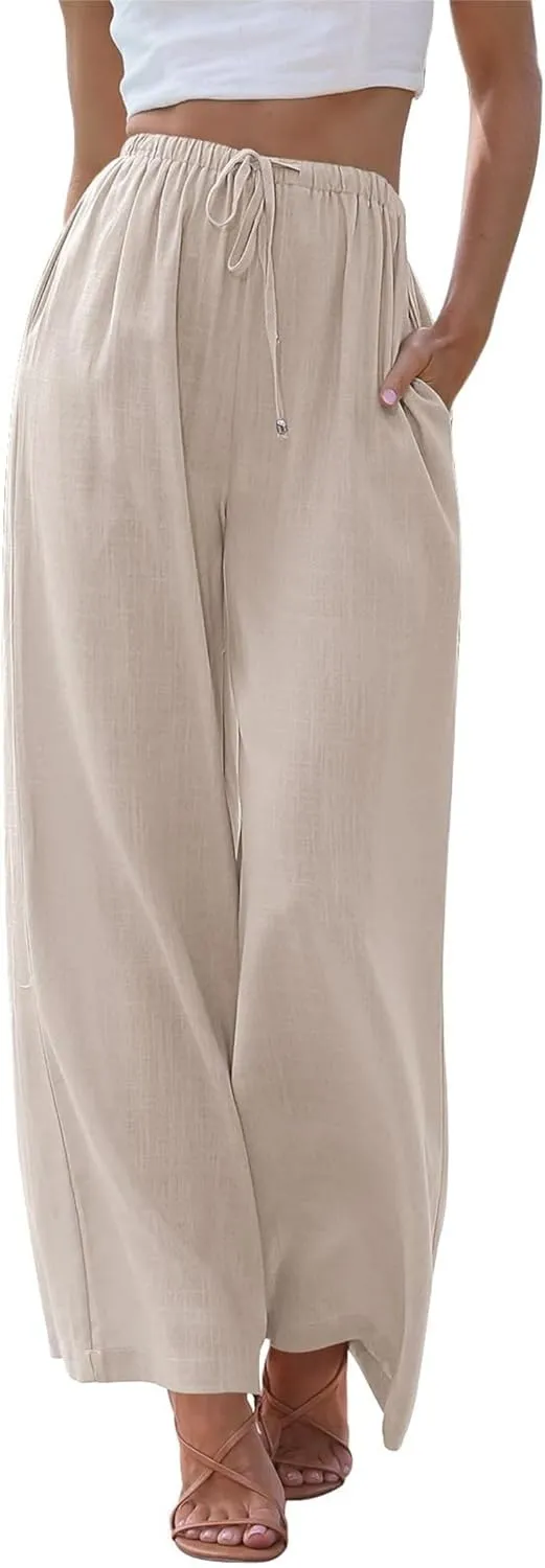 Womens Linen Pants Summer Casual Loose Beach Trousers with Pockets High Waisted Drawstring Wide Leg Pants for Women