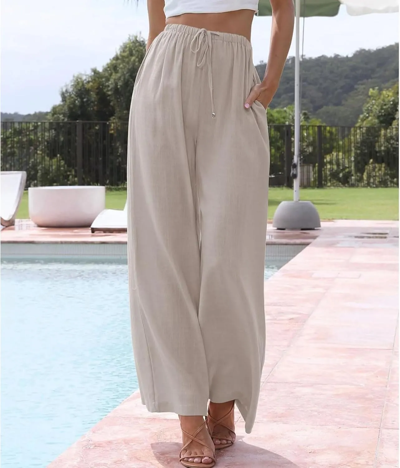 Womens Linen Pants Summer Casual Loose Beach Trousers with Pockets High Waisted Drawstring Wide Leg Pants for Women