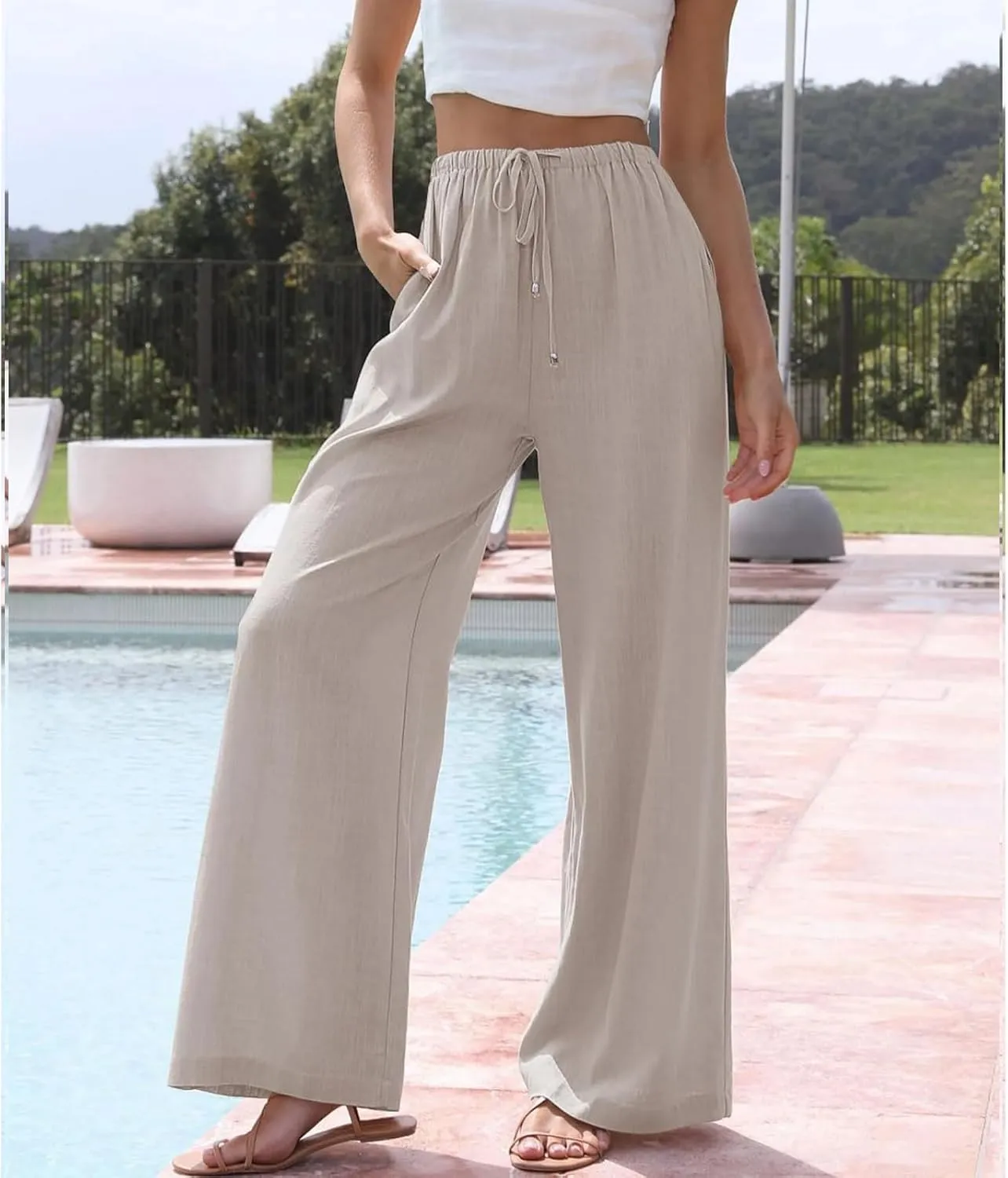 Womens Linen Pants Summer Casual Loose Beach Trousers with Pockets High Waisted Drawstring Wide Leg Pants for Women
