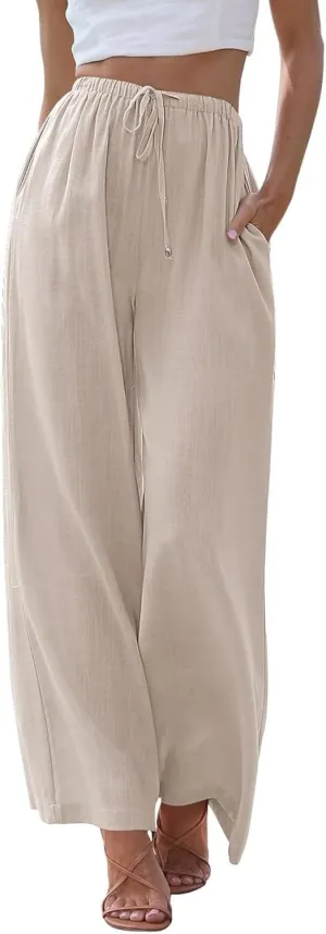 Womens Linen Pants Summer Casual Loose Beach Trousers with Pockets High Waisted Drawstring Wide Leg Pants for Women