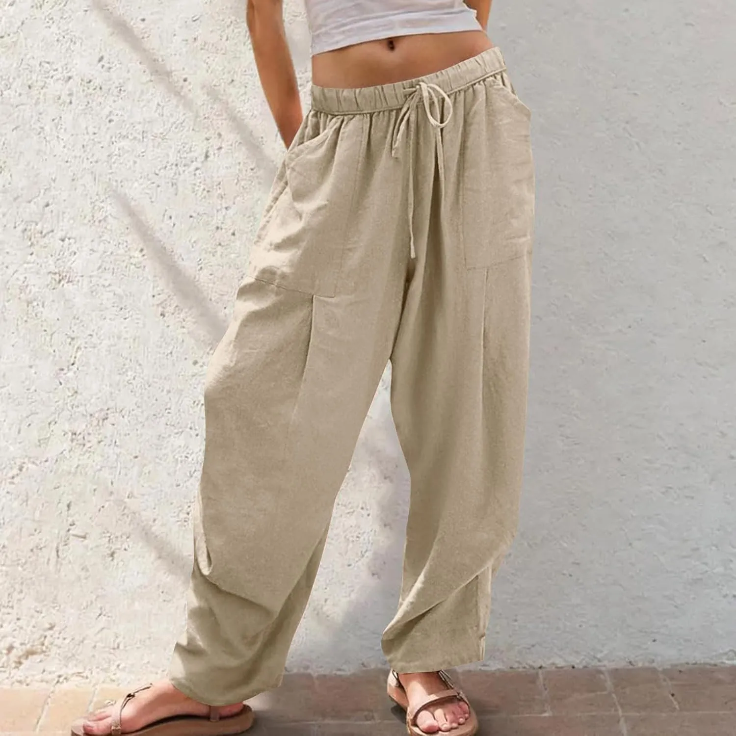 Women's Linen Wide Leg Pants Summer Casual Loose Lightweigt Palazzo Harem Pants Travel Baggy Trousers with Pockets