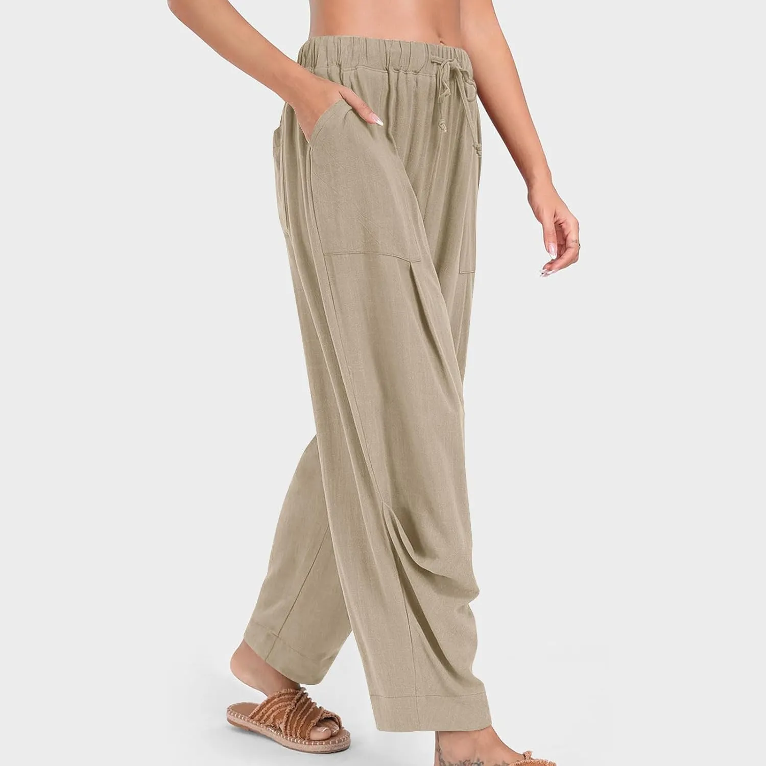 Women's Linen Wide Leg Pants Summer Casual Loose Lightweigt Palazzo Harem Pants Travel Baggy Trousers with Pockets