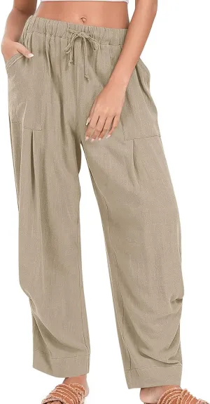Women's Linen Wide Leg Pants Summer Casual Loose Lightweigt Palazzo Harem Pants Travel Baggy Trousers with Pockets