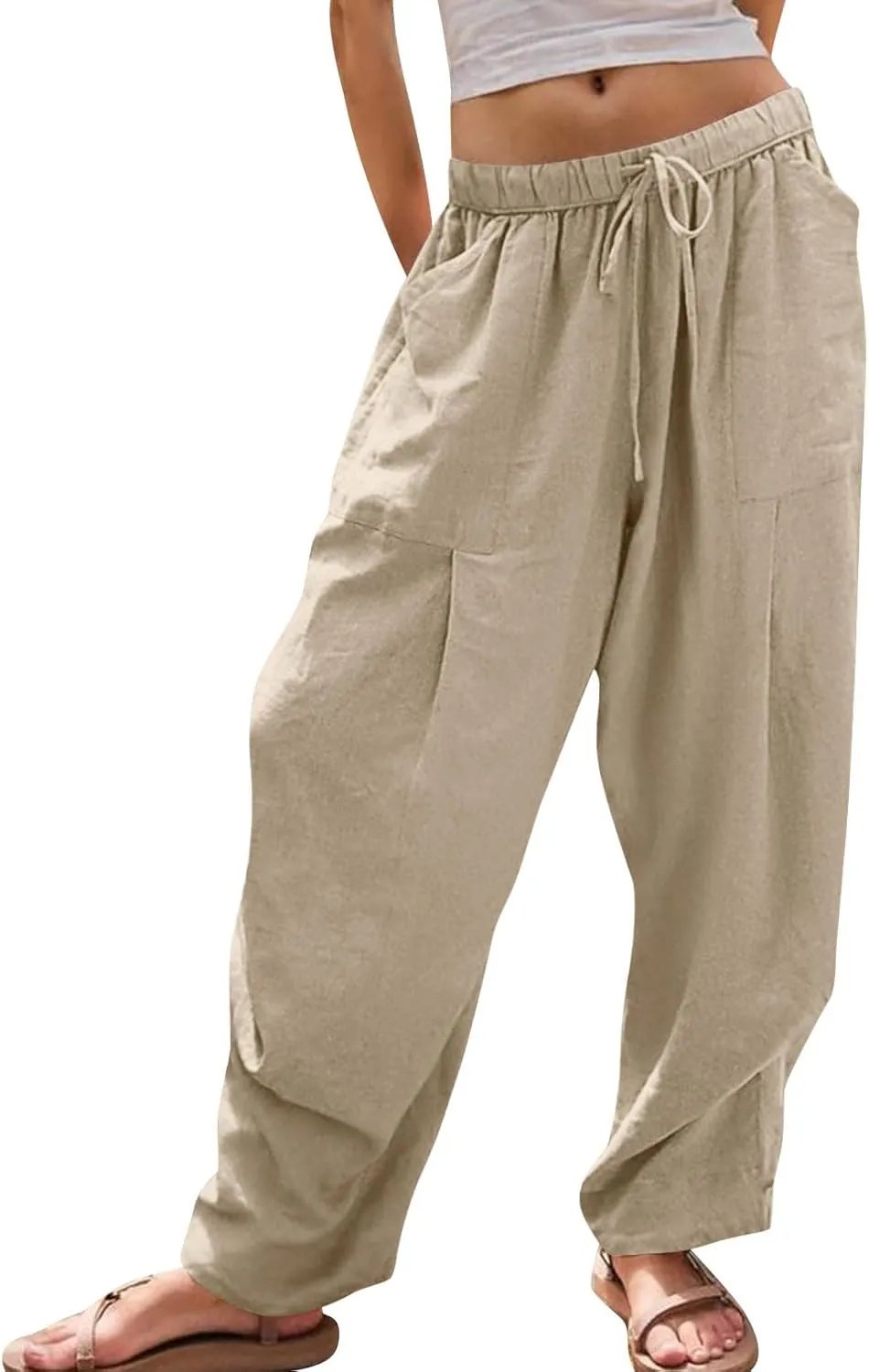 Women's Linen Wide Leg Pants Summer Casual Loose Lightweigt Palazzo Harem Pants Travel Baggy Trousers with Pockets