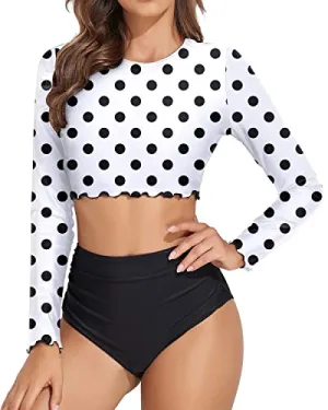 Womens Long Sleeve Rash Guard Swim Shirt Crop Swim Tops Shorts-Black Dot