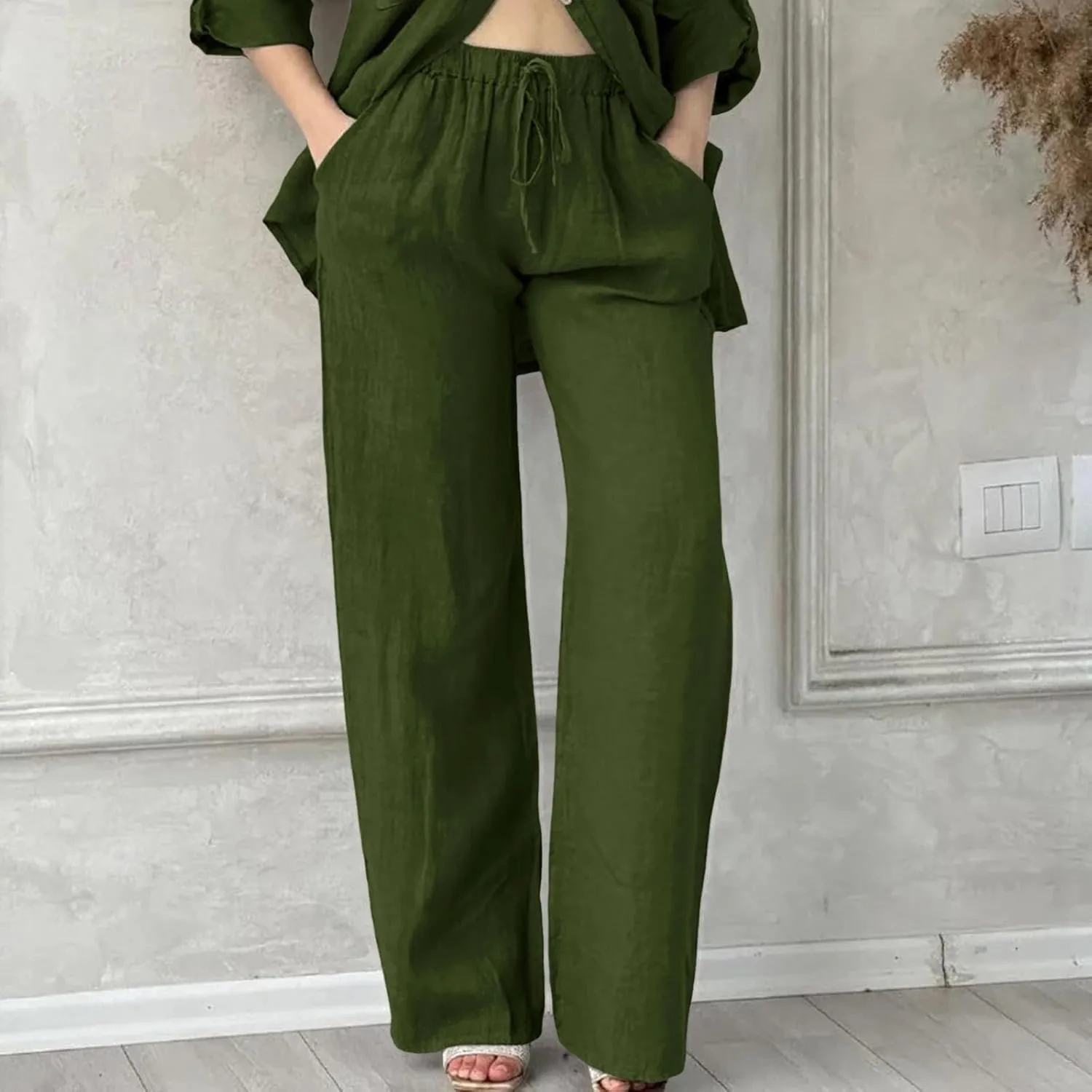 Womens Loose Capri Pants Cotton Linen Casual High Waisted Solid Harem Lightweight Office Trousers with Pockets