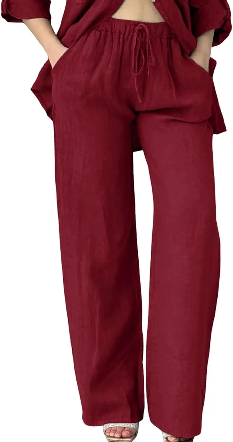 Womens Loose Capri Pants Cotton Linen Casual High Waisted Solid Harem Lightweight Office Trousers with Pockets