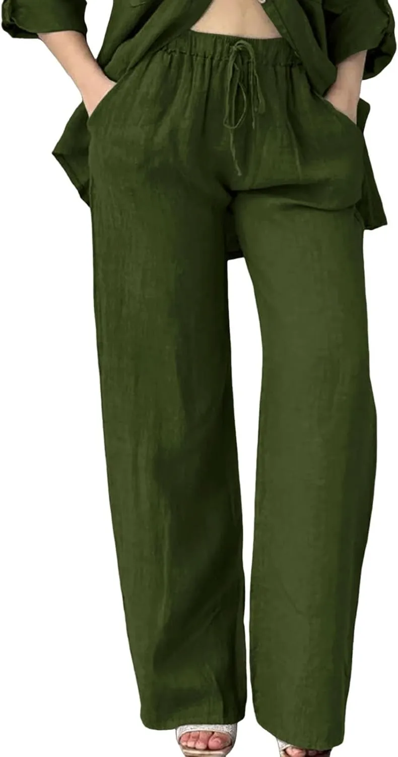 Womens Loose Capri Pants Cotton Linen Casual High Waisted Solid Harem Lightweight Office Trousers with Pockets