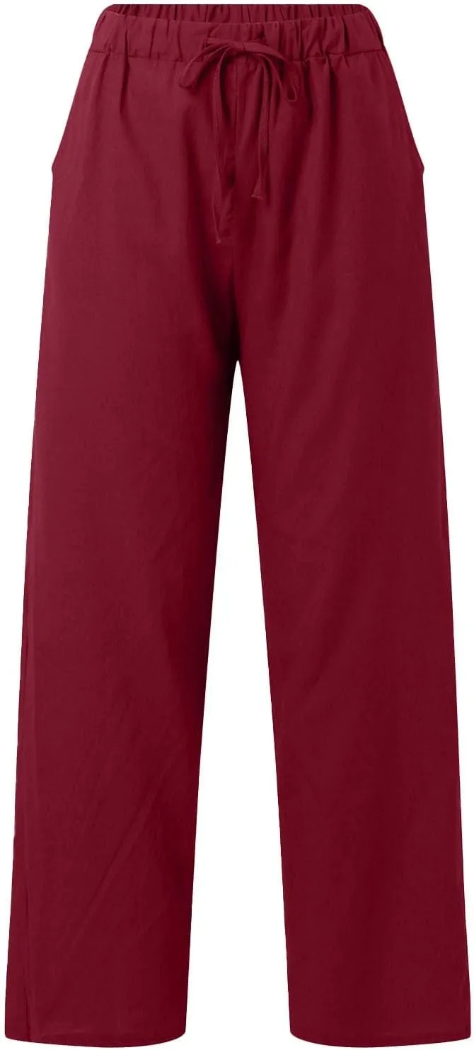 Womens Loose Capri Pants Cotton Linen Casual High Waisted Solid Harem Lightweight Office Trousers with Pockets