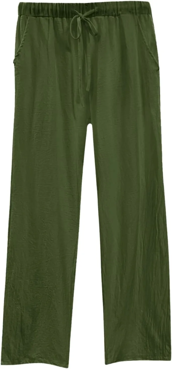 Womens Loose Capri Pants Cotton Linen Casual High Waisted Solid Harem Lightweight Office Trousers with Pockets