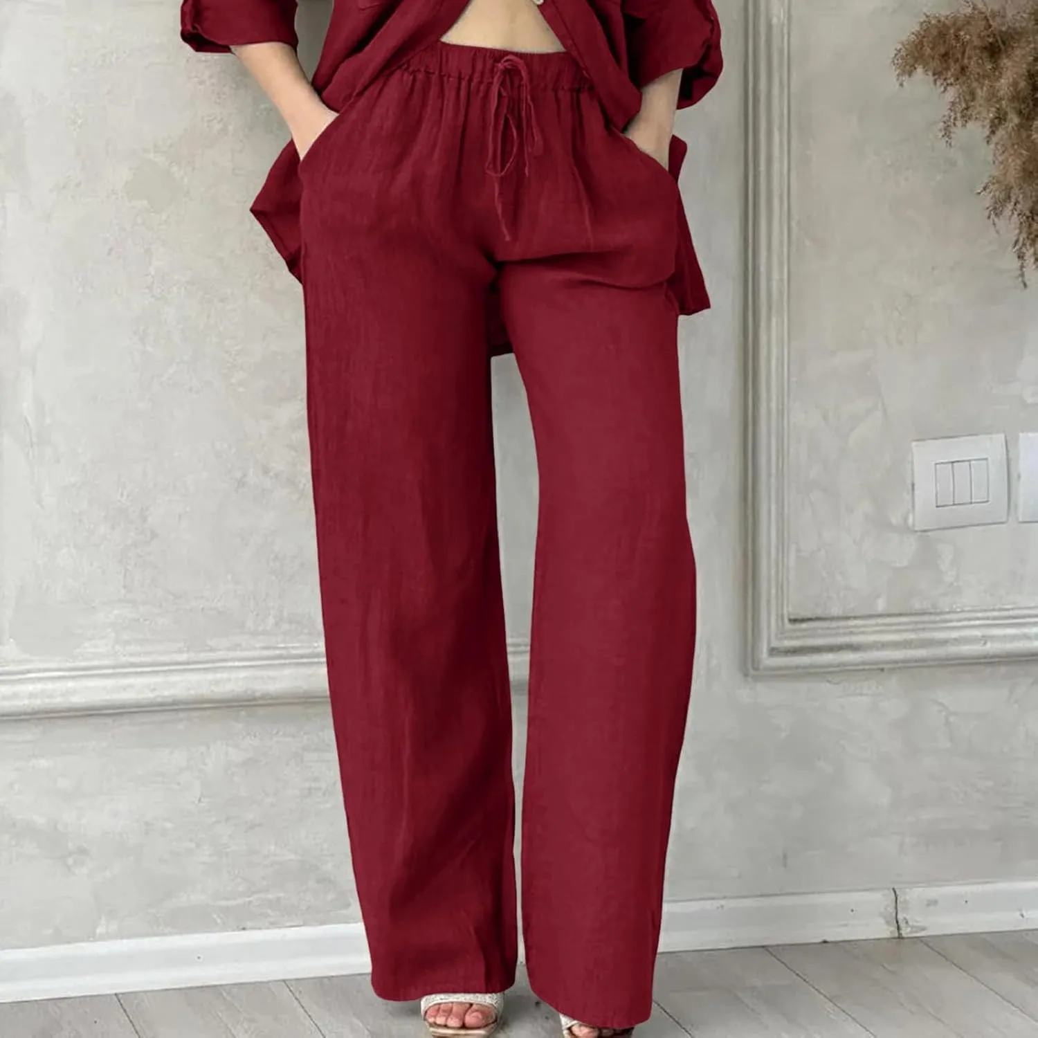 Womens Loose Capri Pants Cotton Linen Casual High Waisted Solid Harem Lightweight Office Trousers with Pockets