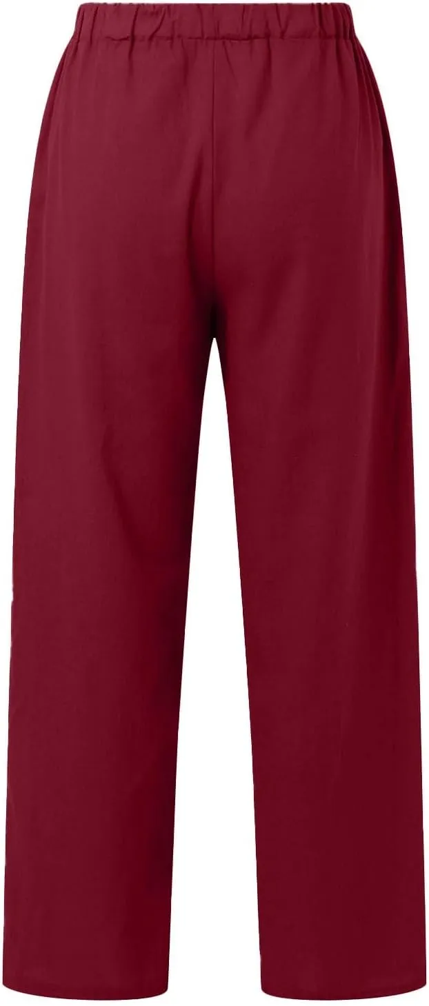 Womens Loose Capri Pants Cotton Linen Casual High Waisted Solid Harem Lightweight Office Trousers with Pockets