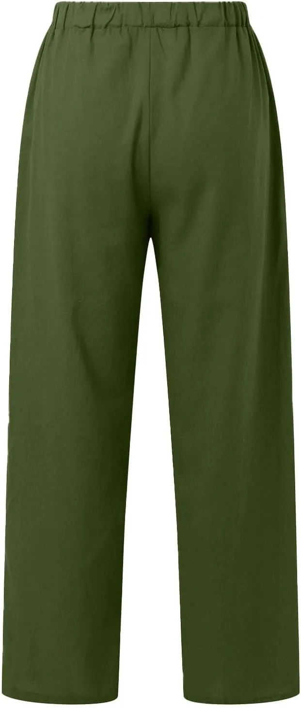 Womens Loose Capri Pants Cotton Linen Casual High Waisted Solid Harem Lightweight Office Trousers with Pockets