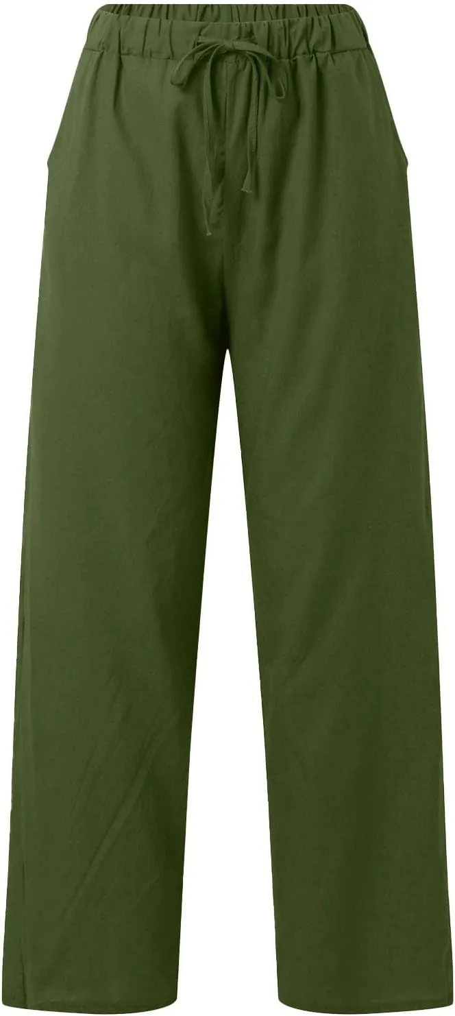 Womens Loose Capri Pants Cotton Linen Casual High Waisted Solid Harem Lightweight Office Trousers with Pockets