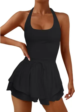 Womens One Piece Outfits Sleeveless Mini Skort Dress Casual Yoga Rompers Hight Waisted Suits Running Skortsie