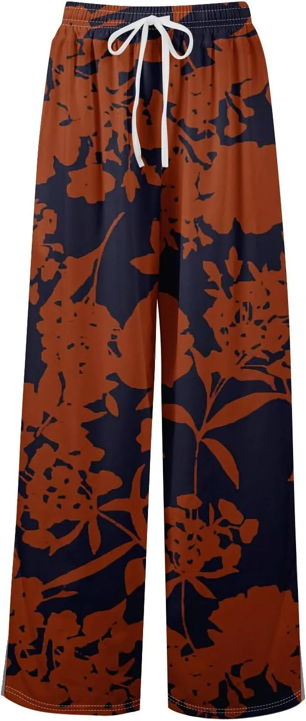 Women's Palazzo Pants Wide Leg Loose Floral Lounge Pants Boho Beach Drawstring Slacks with Pockets