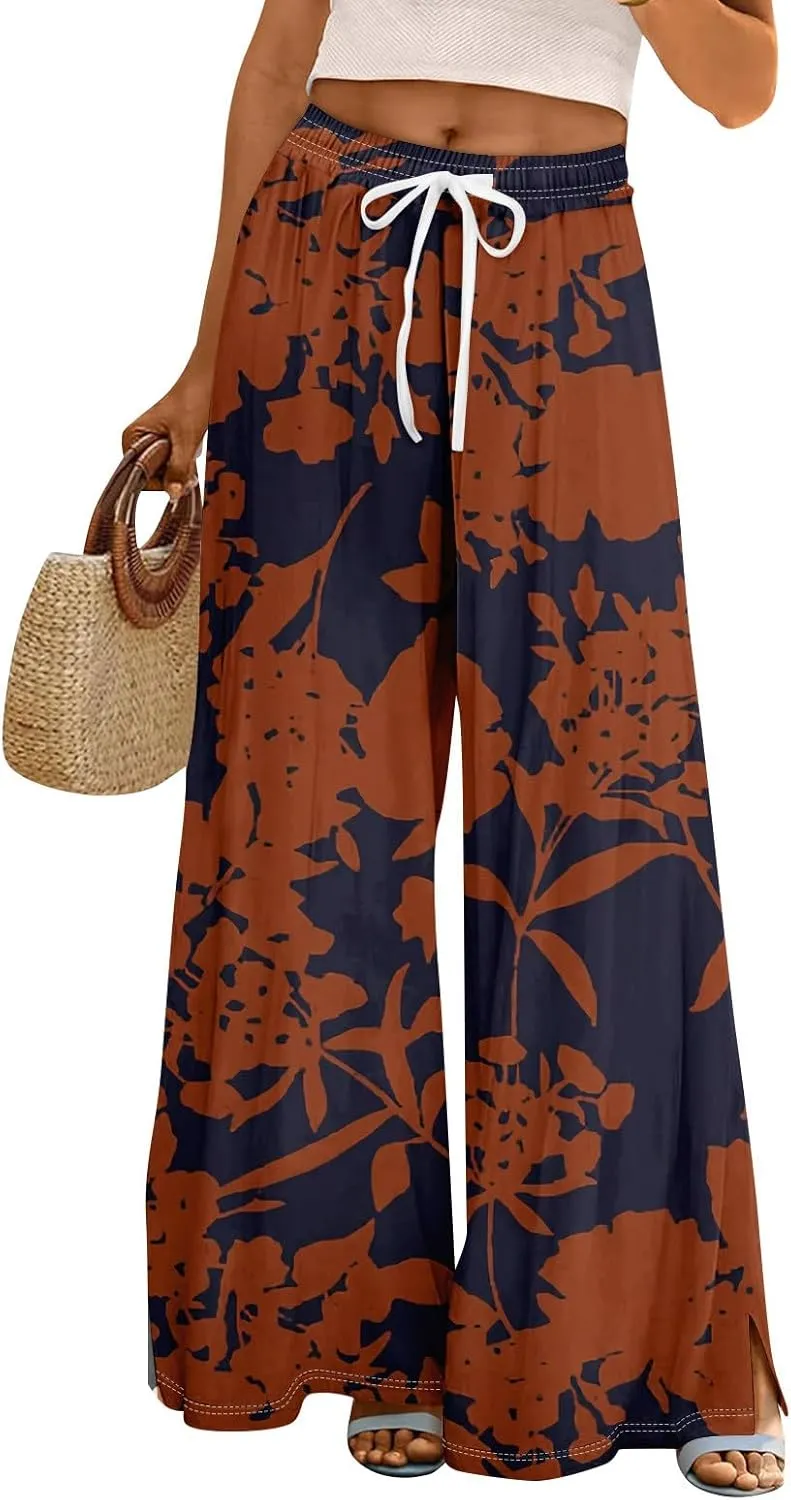 Women's Palazzo Pants Wide Leg Loose Floral Lounge Pants Boho Beach Drawstring Slacks with Pockets