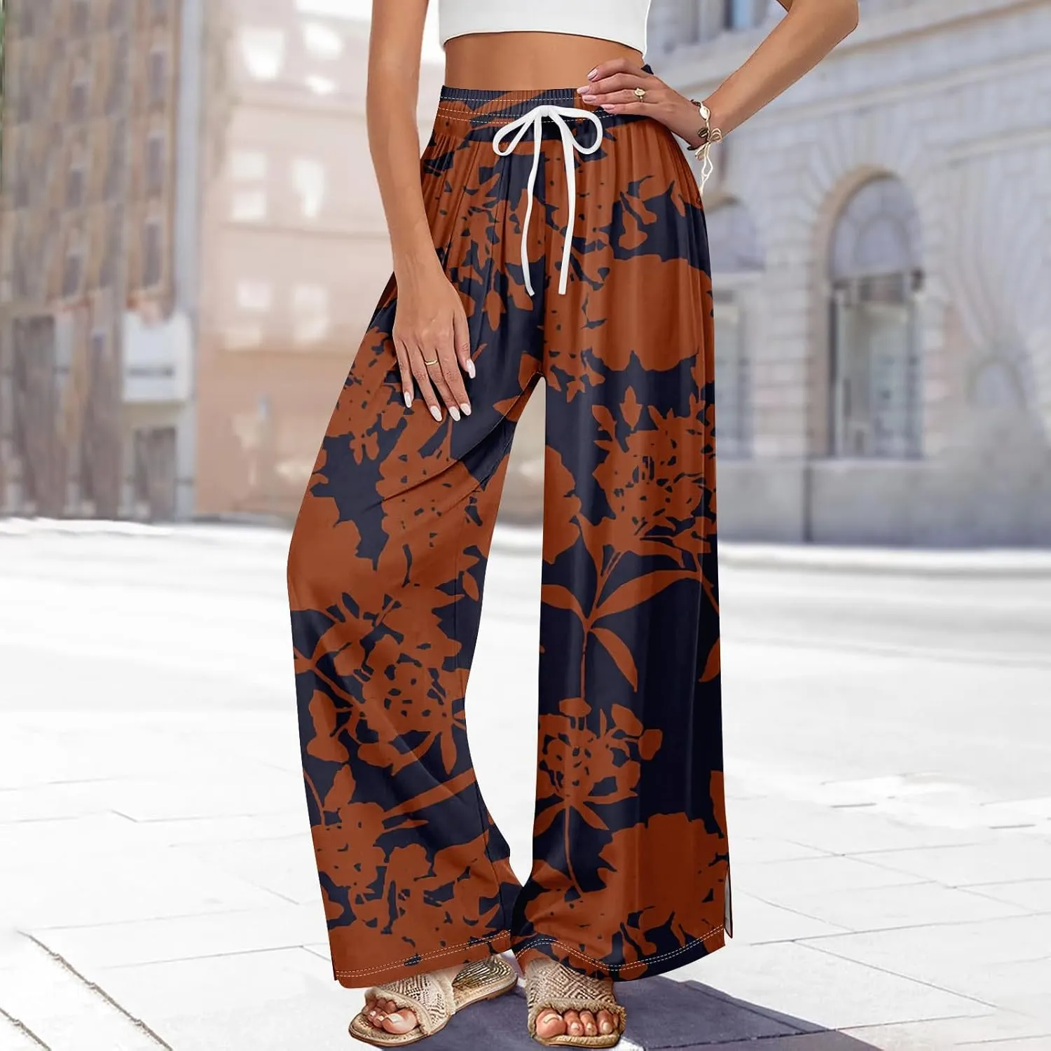 Women's Palazzo Pants Wide Leg Loose Floral Lounge Pants Boho Beach Drawstring Slacks with Pockets